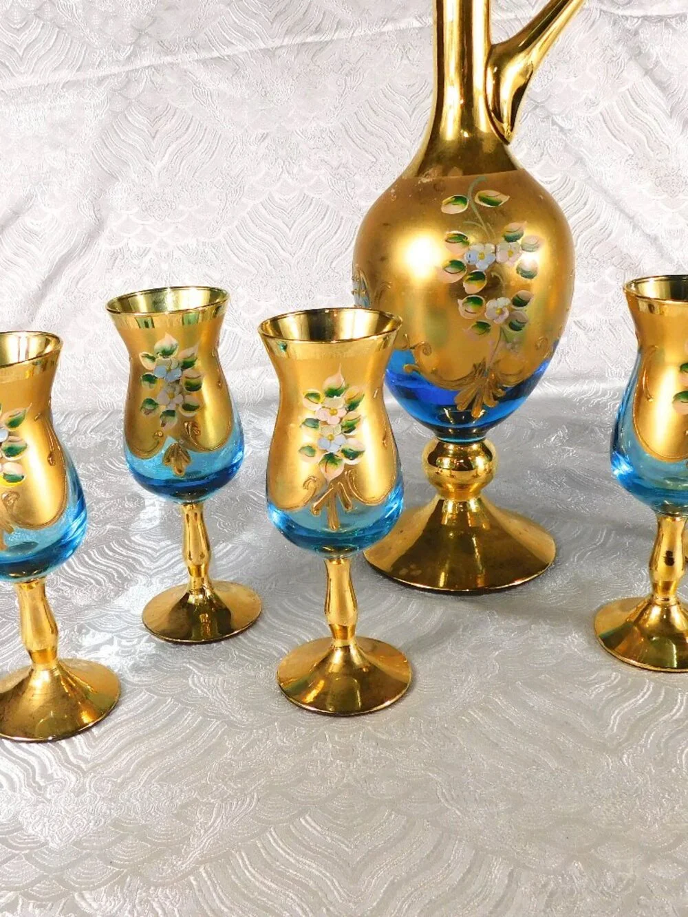 Blue Glass Decorative Decanter with Six Matching Glasses # 27780